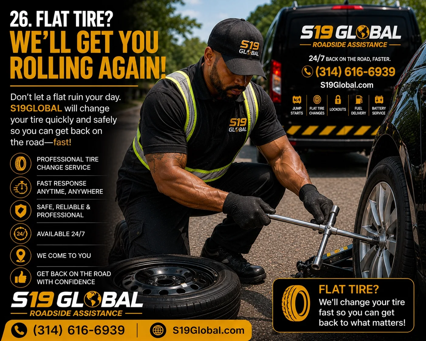 S19Global technician changing a flat tire