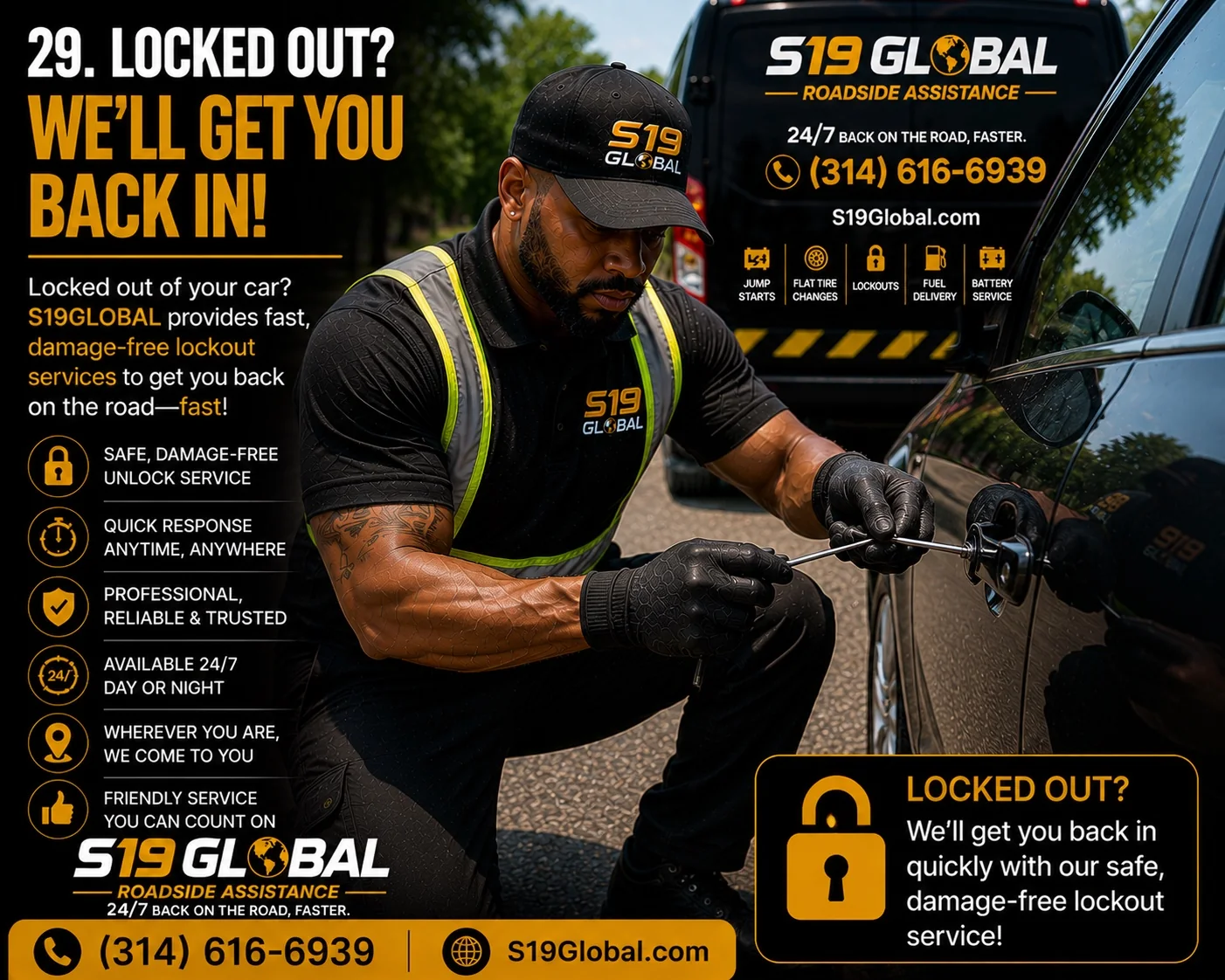 S19Global technician assisting with a vehicle lockout